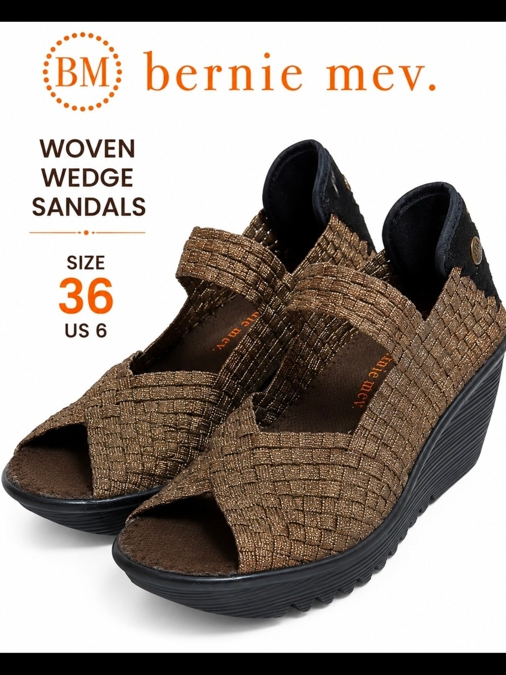 Bernie Mev Bronze Metallic Woven Stretch Wedge Sandals Size 6